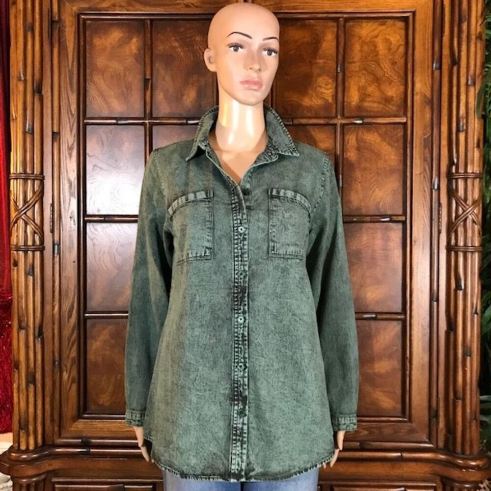Joan Rivers Green Black Stone Wash Button Down 100% Cotton Denim Shirt
